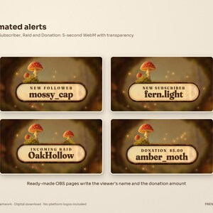 Four animated alerts for the Mushroom Forest stream package: New Follower, New Subscriber, Incoming Raid and Donation, each with an example viewer name on a wooden plaque with fly agaric mushrooms.