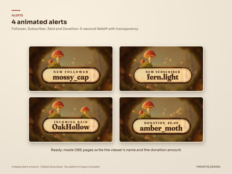 Four animated alerts for the Mushroom Forest stream package: New Follower, New Subscriber, Incoming Raid and Donation, each with an example viewer name on a wooden plaque with fly agaric mushrooms.