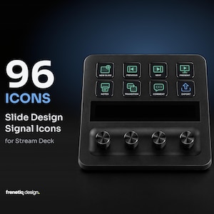 May include: A black stream deck controller featuring eight square buttons with teal icons and text labels including New Slide, Previous, Next, Present, Notes, Transition, Comment, and Export, positioned above four circular black control knobs.