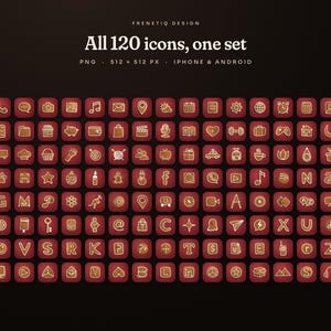 All 120 Gingerbread Classic app icons in one grid: white-iced gingerbread symbols on cranberry red tiles.