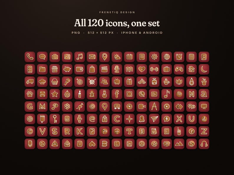 All 120 Gingerbread Classic app icons in one grid: white-iced gingerbread symbols on cranberry red tiles.