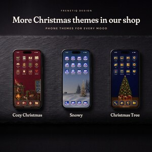 More Christmas phone themes by Frenetiq Design: three phones on dark slate showing the Cozy Christmas, Snowy and Christmas Tree home screens.