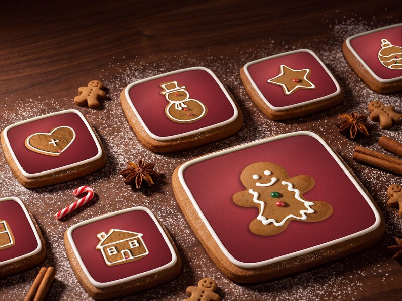 Close-up of Gingerbread Classic gingerbread app icons set into iced cookie tiles, with star anise and cinnamon on walnut.