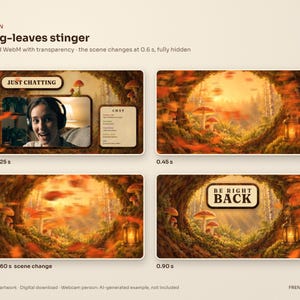 Stinger transition of the Mushroom Forest stream package: a wave of autumn leaves and warm light crosses the screen and hides the change from Just Chatting to Be Right Back.