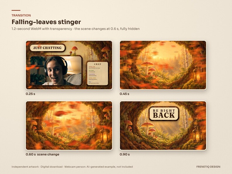 Stinger transition of the Mushroom Forest stream package: a wave of autumn leaves and warm light crosses the screen and hides the change from Just Chatting to Be Right Back.
