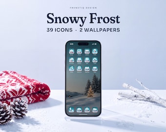 Christmas Icy Teal Snowy Frost Phone Wallpaper & App Icons, 39 Icons 2 Wallpapers iPhone Android