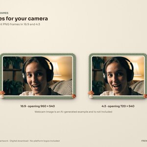 Two clay lace webcam frames from the Cottagecore stream package, 16:9 and 4:3, with an AI-generated example person in the camera opening.