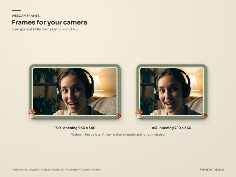 Two clay lace webcam frames from the Cottagecore stream package, 16:9 and 4:3, with an AI-generated example person in the camera opening.
