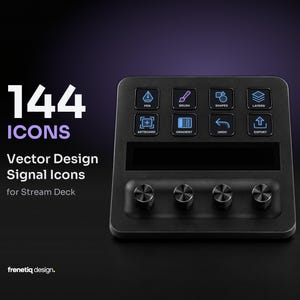 Könnte beinhalten: Ein schwarzes Steuerpult mit acht quadratischen Tasten, die blau beleuchtete Symbole für Designwerkzeuge zeigen, einem horizontalen Display und vier Drehreglern an der Basis. Der Text lautet 144 ICONS Vector Design Signal Icons for Stream Deck.