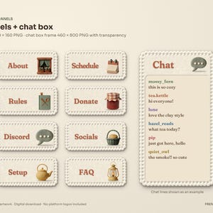 Eight clay channel panels (About, Schedule, Rules, Donate, Discord, Socials, Setup, FAQ) and a lace chat box frame with example chat lines, from the Cottagecore stream package.