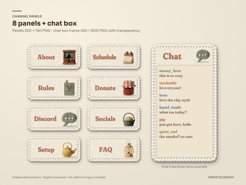 Eight clay channel panels (About, Schedule, Rules, Donate, Discord, Socials, Setup, FAQ) and a lace chat box frame with example chat lines, from the Cottagecore stream package.