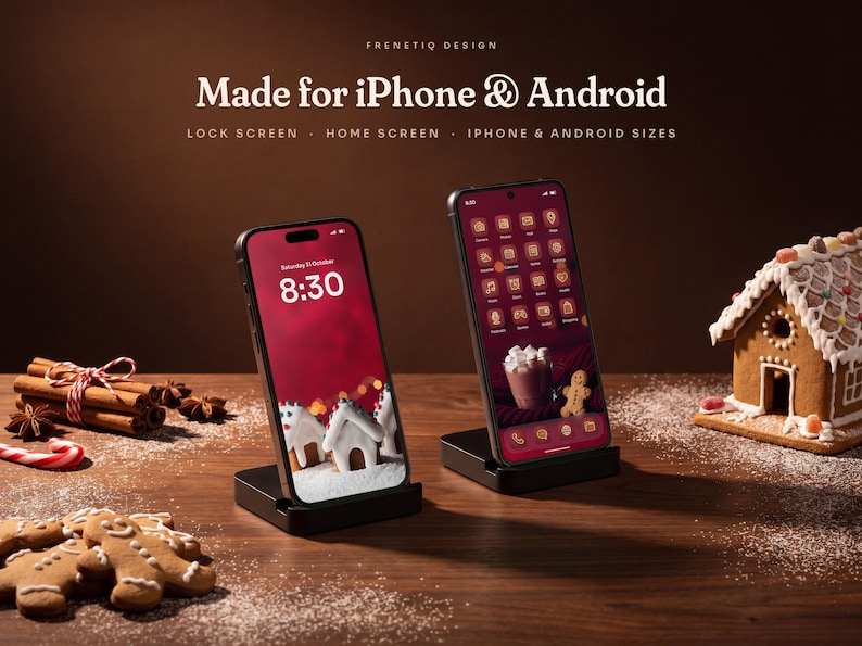 Gingerbread Classic on iPhone and Android: an iPhone shows the snowy iced gingerbread village lock screen at 8:30 and an Android phone shows the home screen with cranberry red gingerbread icons, both in black stands on a walnut table with gingerbread cookies and cinnamon.