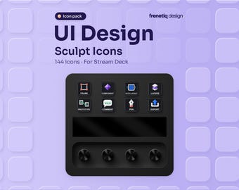 May include: A digital icon pack for Stream Deck titled UI Design Sculpt Icons, featuring 144 icons. The graphic displays a black control interface with eight square icons, a horizontal display bar, and four circular knobs on a light purple background.
