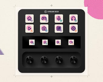 May include: A black Stream Deck control console featuring eight square display buttons with pink and purple icons, a central horizontal display strip with four smaller icons, and four circular black rotary knobs at the bottom.