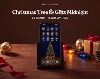 Christmas Navy Midnight Tree Phone Wallpaper & App Icons, 39 Icons 2 Wallpapers iPhone Android