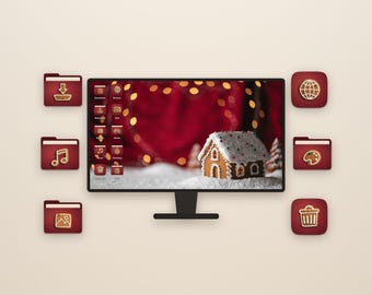 May include: A computer monitor displaying a desktop interface with a gingerbread house wallpaper. The screen features dark red folder and application icons. Six additional dark red square icons with gold outlines surround the monitor.