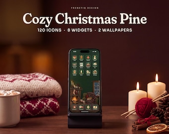 Cozy Christmas Pine Green Phone Wallpaper & App Icons, 120 Icons 2 Wallpapers iPhone Android