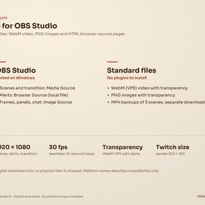 Compatibility of the Mushroom Forest stream package: made for OBS Studio, tested on Windows, with standard WebM, PNG and HTML browser-source files at 1920 × 1080 and 30 fps, no plugins to install.