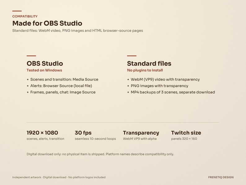 Compatibility of the Mushroom Forest stream package: made for OBS Studio, tested on Windows, with standard WebM, PNG and HTML browser-source files at 1920 × 1080 and 30 fps, no plugins to install.