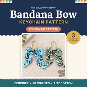 May include: A PDF sewing pattern for a bandana bow keychain by Sew Chill Sewing Studio. The image displays two fabric bows with paisley prints in light blue and sage green, each attached to a gold-toned oval metal carabiner clip.