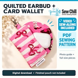 May include: A quilted fabric pouch with a pink and white striped pattern featuring red bows and cowboy boots. The pouch has a metal lobster clasp, a snap closure, and contains a white earbud case. Text includes Quilted Earbud + Card Wallet.