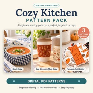 May include: A digital PDF pattern pack titled Sew Chill Sewing Studio Cozy Kitchen Pattern Pack. It features three sewing projects: a blue and white gingham bowl cozy, fabric cup sleeves, and a pumpkin-shaped pot holder.