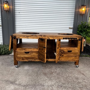 The Big Hoss !! Double Big Green Egg Table -Medium, Large, Xl with 16” expandable wings.
