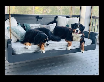 May include: Two Bernese Mountain dogs relaxing on a gray porch swing with a white and gray cushion. The swing is made of dark wood and has a rope hanging from the top.