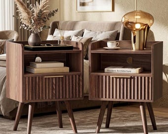 Set of 2 Fluted Nightstands, Wooden Bedside Tables with Charging Station, Drawer, Shelf