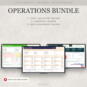 May include: A digital operations bundle featuring three Excel templates: Fleet, Fuel & Tire Tracker, Inventory Tracker, and Rate Adjustment Tracker. The display shows dashboard interfaces with data tables, charts, and metrics on three screens.
