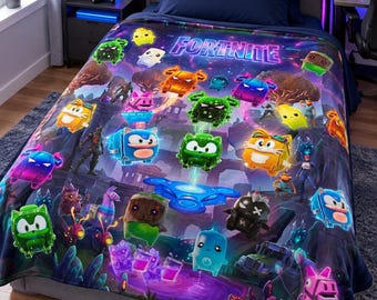 Battle royal Game Blanket , Gamer Throw Blanket , Neon Pixel Gaming Fleece Bedding , video game Room Decor