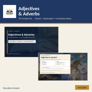 Puede incluir: Material educativo digital titulado Adjectives & Adverbs para 7th Grade ELA. Incluye 50 diapositivas con contenido gramatical, guías de ejercicios e ilustraciones con un caballo, bajo la marca Education Empire.