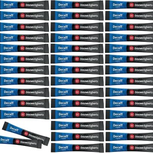 May include: A collection of Douwe Egberts Decaff instant coffee sticks arranged in a grid pattern. Each individual stick is blue and black with the text Decaff, 1 portion, and the Douwe Egberts logo printed in white and red on the front surface.