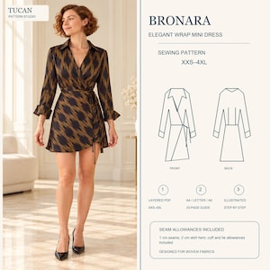 Op de afbeelding: Een naaipatroon voor een elegante wikkeljurk Bronara in maten XXS-4XL. De afbeelding toont een wikkeljurk met lange mouwen en een donkerbruin en zwart ikat-patroon, naast technische lijntekeningen van de voor- en achterkant van het ontwerp.