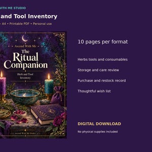 以下が含まれることがあります： 「The Ritual Companion Herb and Tool Inventory」というタイトルのデジタル印刷可能なPDF。表紙は紫と濃い青を基調とし、2本の灯ったキャンドル、水の入ったボウル、閉じた本、ハーブが描かれています。各フォーマット10ページ構成です。