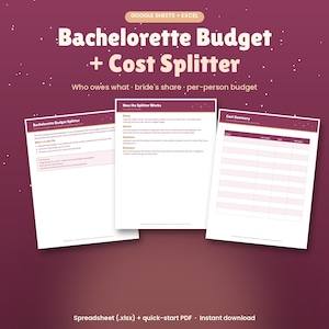 Peut inclure: Un modèle de feuille de calcul numérique Bachelorette Budget + Cost Splitter pour Google Sheets et Excel. Le document comprend trois pages : Bachelorette Budget Splitter, How the Splitter Works et Cost Summary, avec des tableaux de suivi.