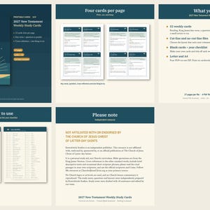 Puede incluir: Un conjunto digital de tarjetas de estudio semanales del Nuevo Testamento 2027 con un gráfico de amanecer, diseños imprimibles de cuatro tarjetas por página, una lista de verificación anual y textos informativos sobre uso y descargo.