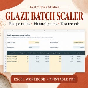 Op de afbeelding: Een digitaal spreadsheet getiteld Glaze Batch Scaler van Kestrelwick Studios. De interface bevat velden voor de doeldroge massa, receptreferentie en een tabel voor materiaallabels, receptonderdelen en geplande versus gewogen massa in gram.