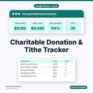May include: A digital Charitable Donation & Tithe Tracker template for Google Sheets and Excel. The interface displays a Giving Dashboard with totals for given amounts, deductible funds, goal percentage, and gift counts, plus an organization list.