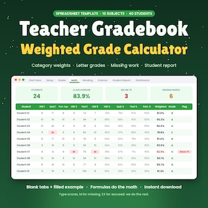 Teacher Gradebook Spreadsheet, Weighted Grade Calculator, Digital Grade Book, Student Report, Classroom Template
