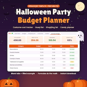 Puede incluir: Una plantilla de hoja de cálculo y PDF imprimible de planificador de presupuesto para fiesta de Halloween. La interfaz muestra un panel de presupuesto con categorías como decoraciones, comida y bebidas, con columnas de seguimiento.
