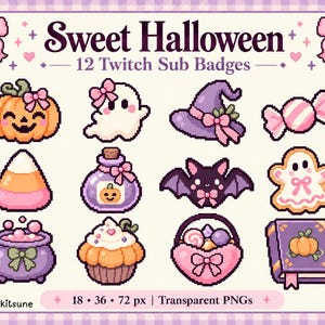 May include: A set of 12 pixel art Twitch sub badges titled Sweet Halloween. The icons feature a pumpkin, ghost, witch hat, candy, candy corn, potion bottle, bat, ghost cookie, cauldron, cupcake, basket, and book, all in pastel pink, purple, and orange.