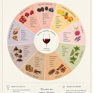 May include: A Wine Aroma Wheel chart featuring a central wine glass icon surrounded by colour-coded segments for fruits, flowers, herbs, spices, oak, and earth. The poster includes text labels, illustrations of ingredients, and instructions on how to use it.