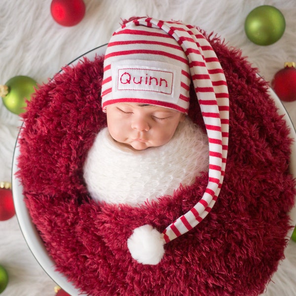 Christmas Name Hat, Newborn Name Hat, Red Striped Newborn Hat, Baby Shower Gift, Newborn Name Hat, Newborn Hospital Hat, Newborn Santa Hat