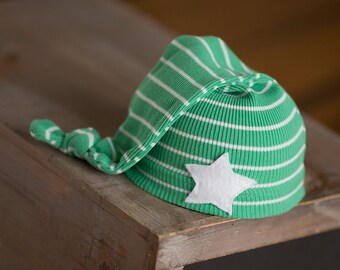 Newborn Boy Hat, Green and White Striped Newborn Hat with Star, Upcycled Newborn Hat, Newborn Photography Prop, Newborn Photo Prop, Knot Hat