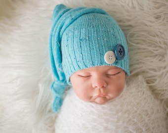 Blue Newborn Hat, Newborn Sleepy Cap with Buttons, Newborn Boy Hat, Newborn Photography Prop, Baby Shower Gift, Newborn Hospital Hat, RTS
