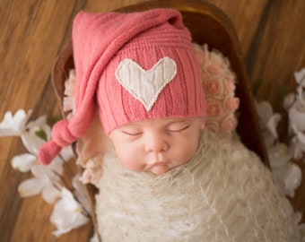 Newborn Hat, Newborn Girl Hat, Pink Newborn Hat with White Heart, Newborn Hospital Hat, Newborn Photography Prop, Baby Shower Gift, Girl Hat