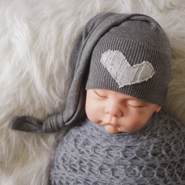 Newborn Hat, Newborn Boy Hat, Gray Newborn Hat with Heart, Newborn Photography Prop, Baby Shower Gift, Newborn Hospital Hat, Neutral Hat