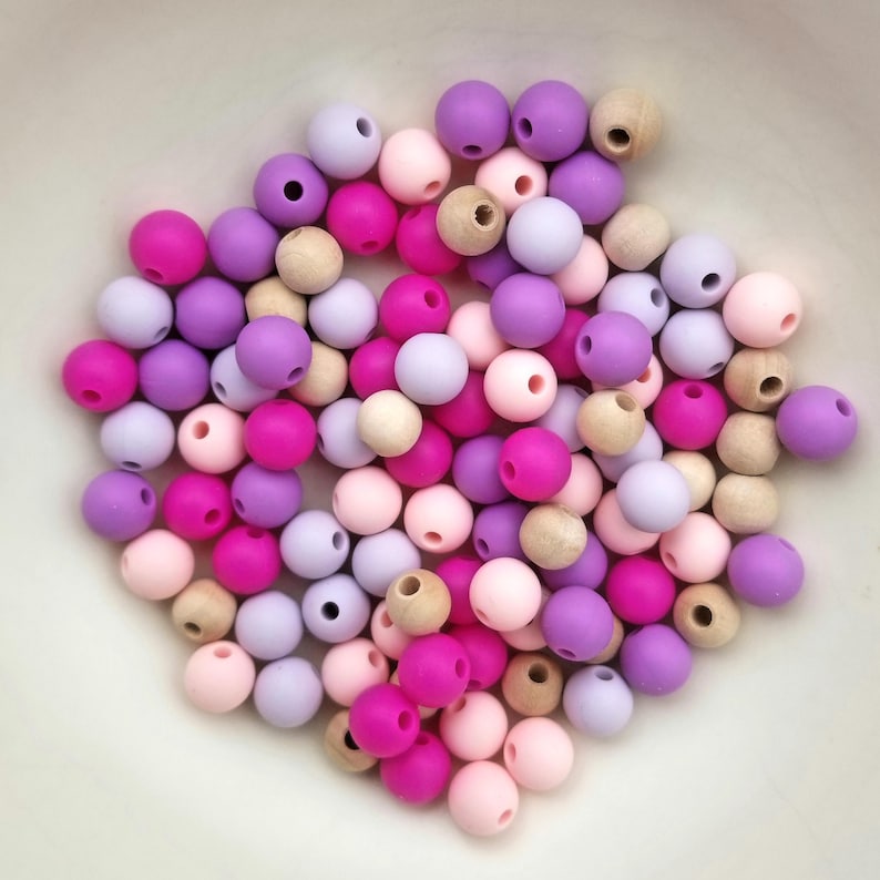 Food Grade BPA Free Set of 100 Mixed 9mm Round Silicone Beads /& 8mm Maple Wood Beads Great for teething jewelry