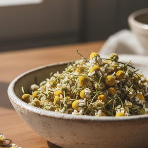 Pode incluir: Uma tigela de cer&acirc;mica cheia de flores de camomila secas. As flores t&ecirc;m pequenos centros amarelos e p&eacute;talas brancas, com caules e folhas verdes. A tigela &eacute; castanha clara e est&aacute; sobre uma superf&iacute;cie de madeira.
